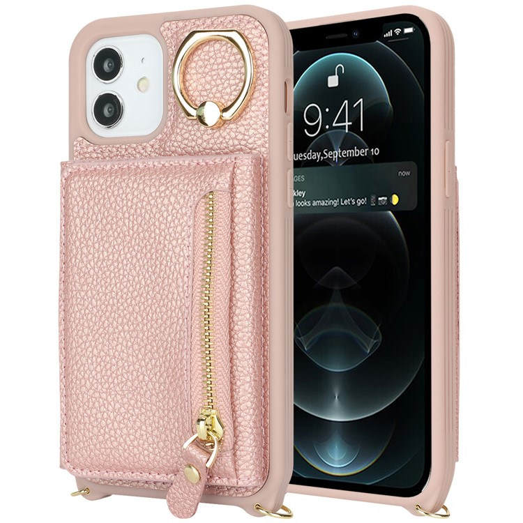iPhone 12 / iPhone 12 Pro Necklace Leder Hülle mit Münzfach und Kartenfächer   Finger Griff Halterung   Handykette - Roségold