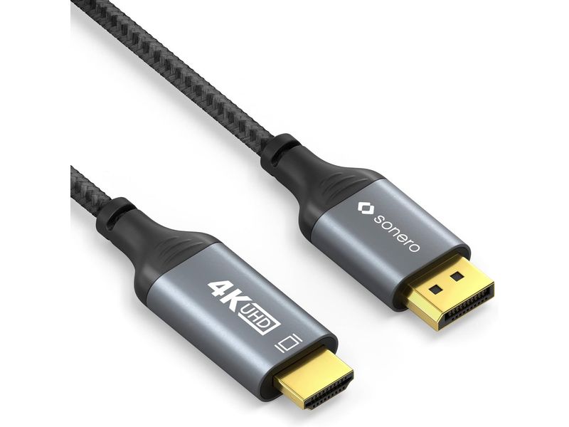 sonero Kabel DisplayPort - HDMI, 2 m DisplayPort auf HDMI Kabel - 4K60 - grau/schwarz - 2.00m