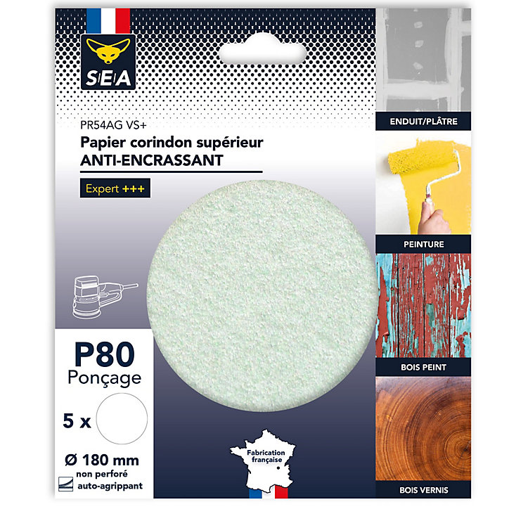 Papier abrasif corindon ø180 mm grain 80 anti-encrassement non perforé, lot de 5