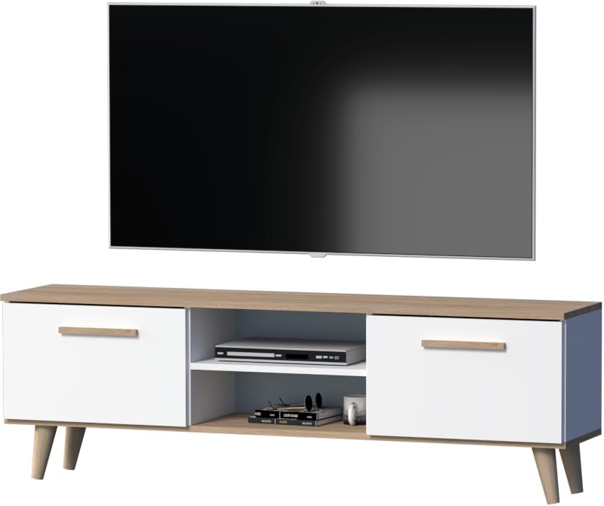 GERMAN TV-Schrank, Lowboard 160 cm, Skandinavisches Design, Weiß/Eiche, TV-Möbel für Fernseher bis 70 Zoll, mit Türen und Regalfächern