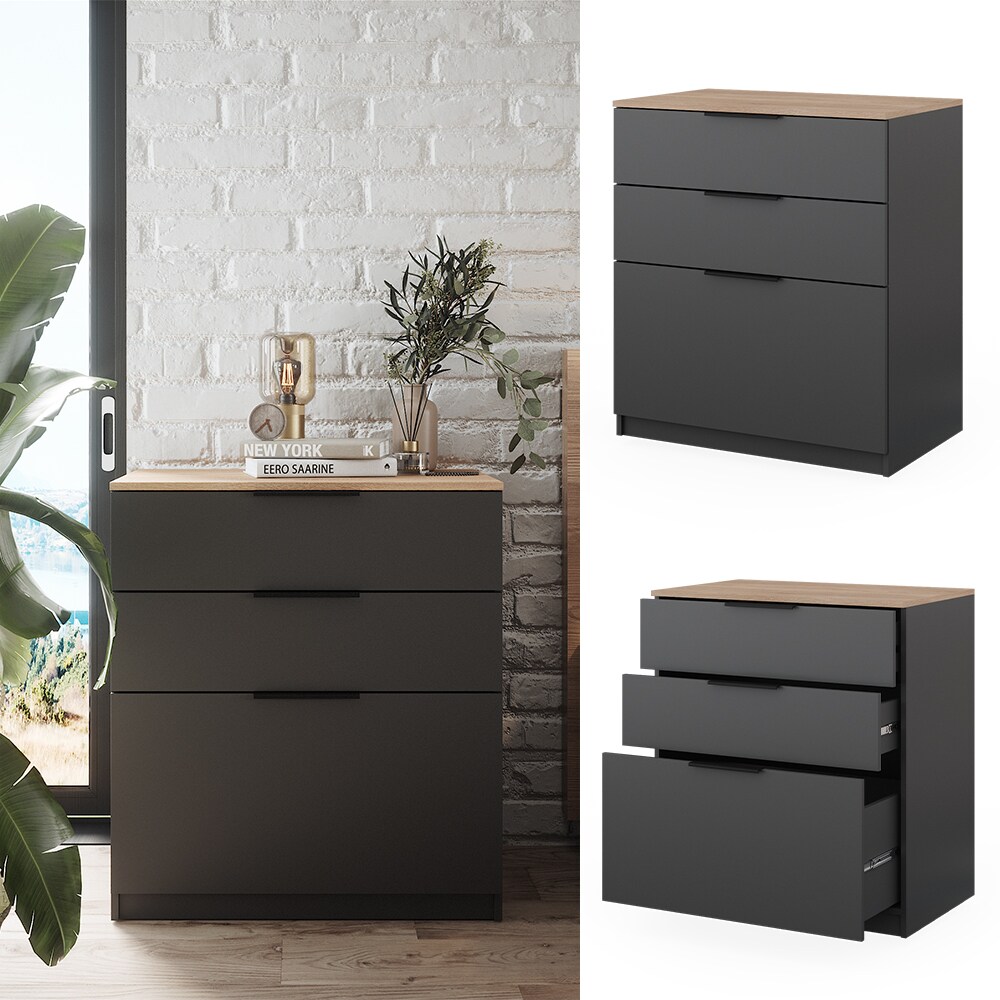 Vicco Kommode Betti 80 x 90 cm in Anthrazit Sonoma, 3 Schubfächer, Schlafzimmer
