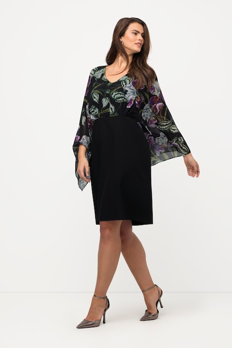 Kleid, Blüten, Chiffonärmel, V-Ausschnitt, Langarm