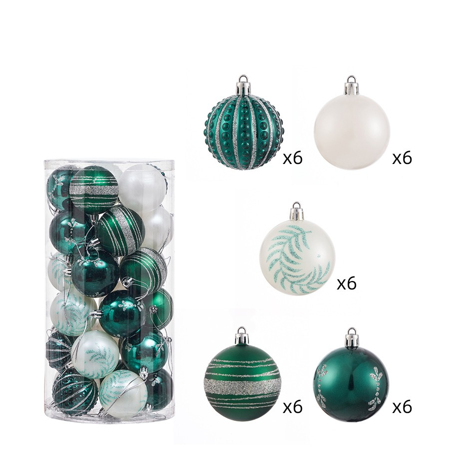 (30er Set) Ø6cm Christbaum Schmuck Glitzer Weihnachtskugeln Tannenbaum Aufhänger Home Deko - Grün / Weiss / Silber