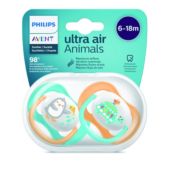 Lot 2 sucettes ultra air   Pingouin/tortue        6-18 mois   de               Philips AVENT