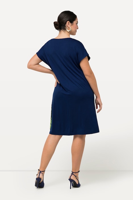 Jerseykleid, Palmenblätter, V-Ausschnitt, Halbarm