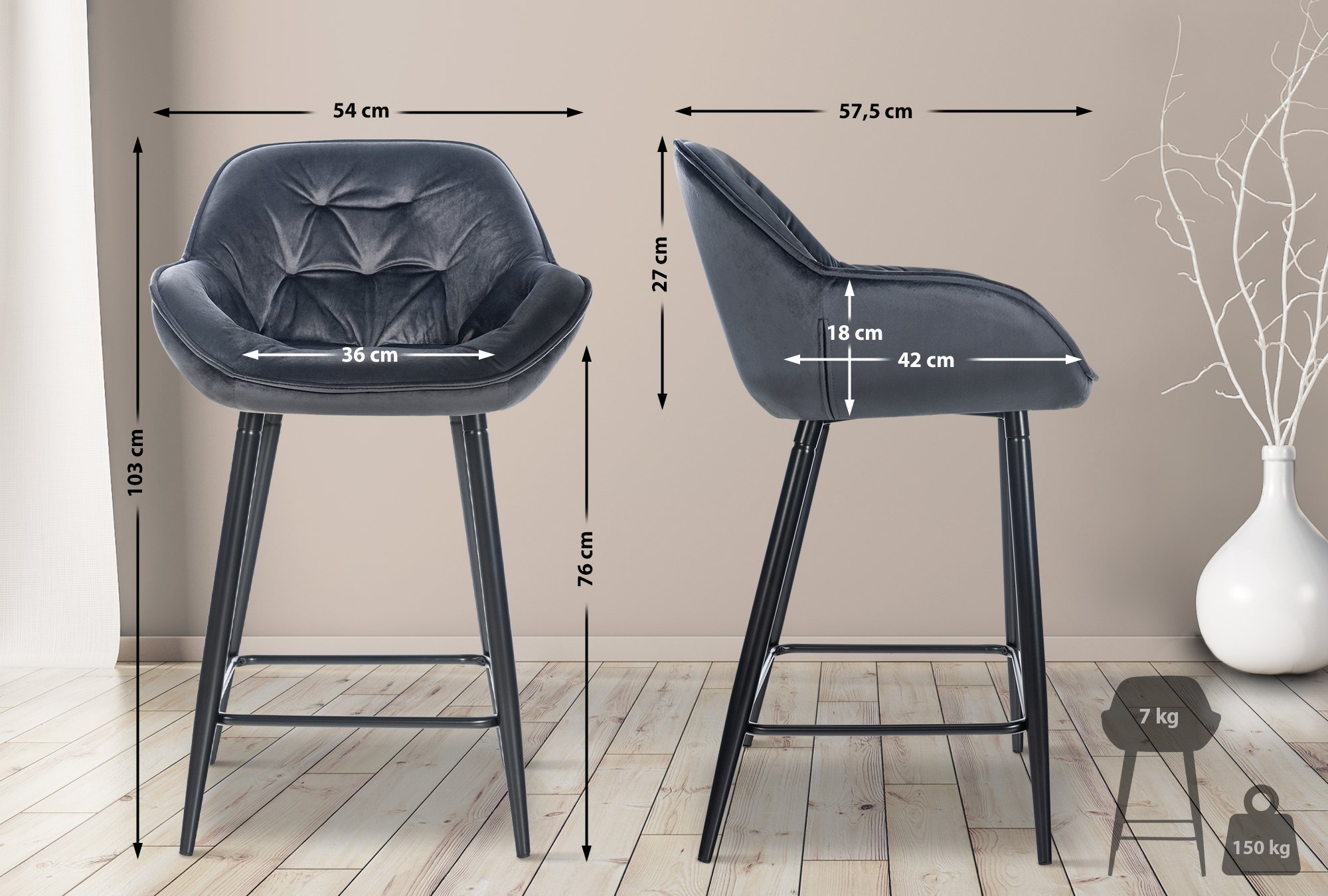 CLP 2er Set Barhocker Gibson Samt I Sitzhöhe 76 cm I Tresenstühle Mit Fußstütze