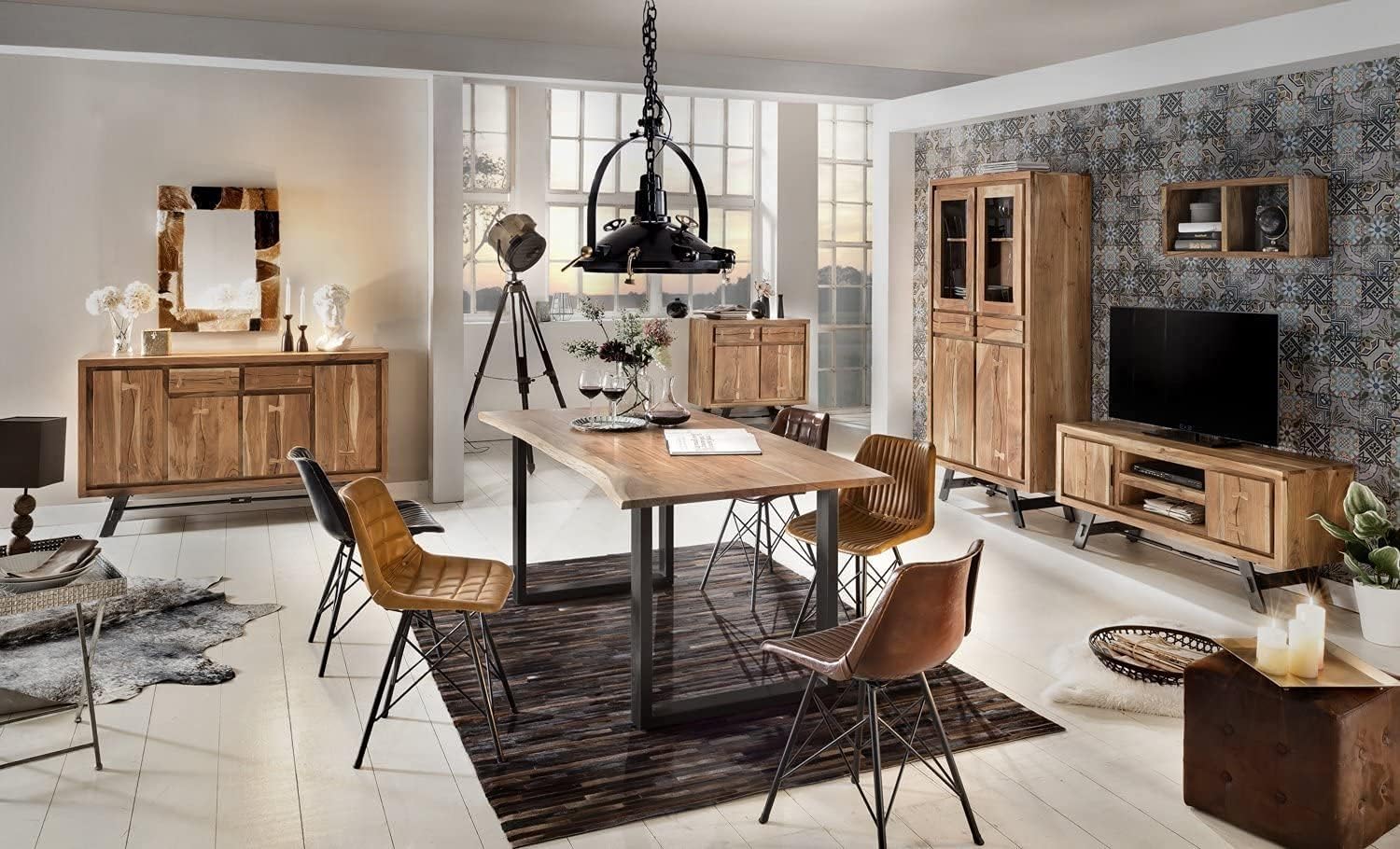 SAM Baumkantentisch 140x80 cm Quarto, Akazienholz massiv + naturfarben, Esstisch mit schwarzem U-Gestell, Esszimmertisch/Holztisch Industrial-Design, Tischplatte 26 mm