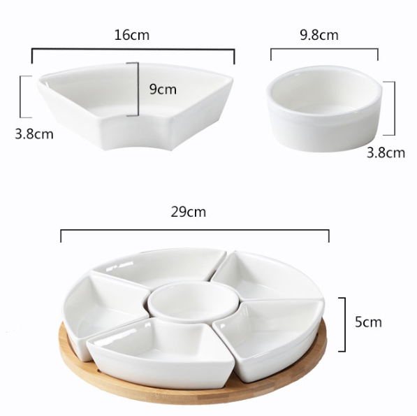 (7-tlg. Set) Ø29cm Keramik Servier Schalen Apéro Drehteller Snack Schälchen inkl. Holz Serviertablett für Tapas / Bowls / Dessert