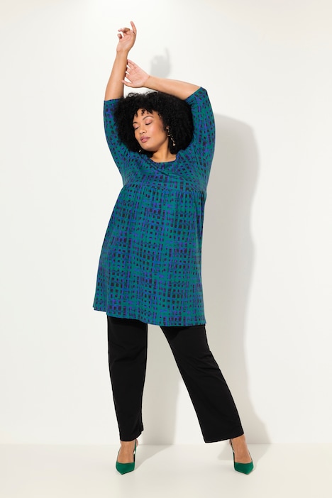 Longshirt, Karo, A-Linie, Carree-Ausschnitt, 3/4-Arm