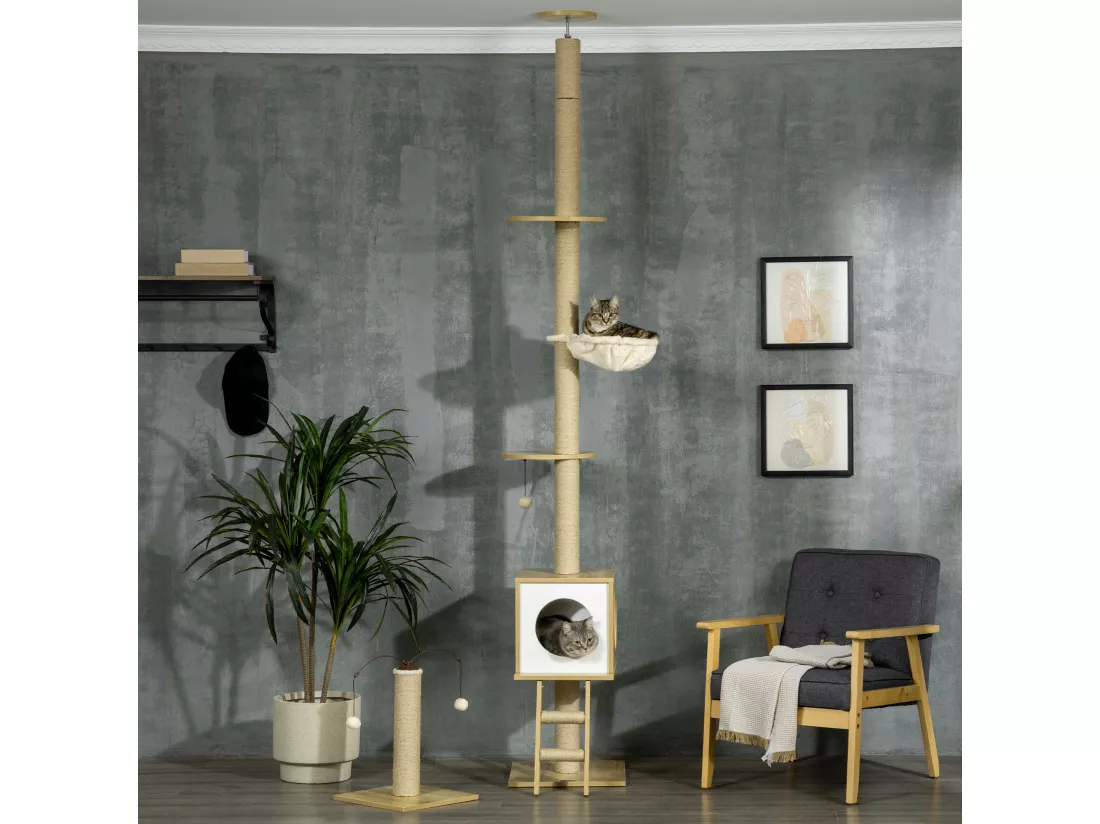 Arbres à chat 2 pièces style nordique - hauteur réglable 225-285H cm - multi-équipement - panneaux aspect chêne clair jute