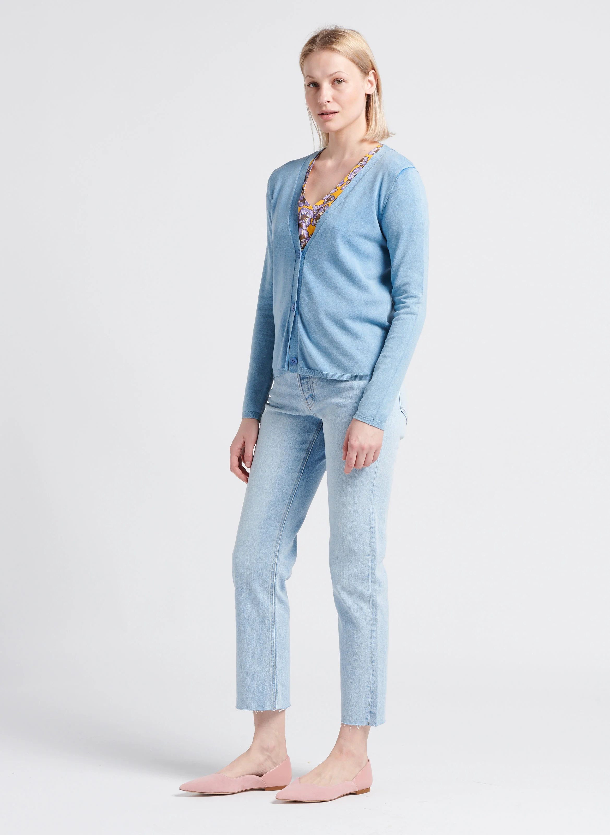 Cardigan col V en maille fine | Bleu