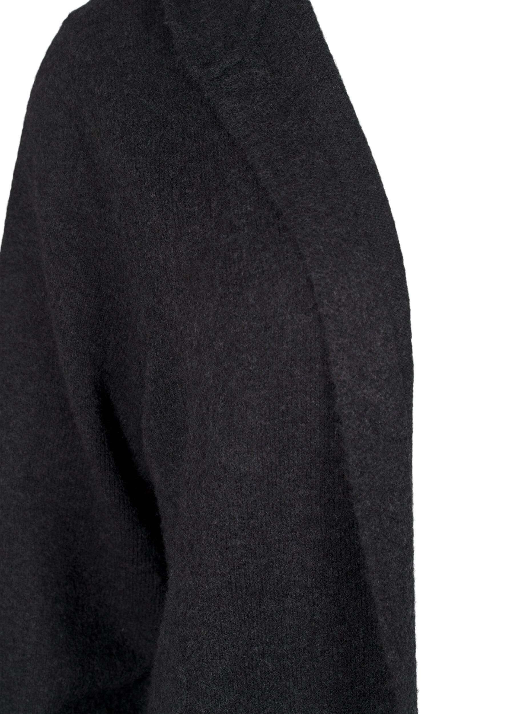 Lang strik cardigan med uld og hætte