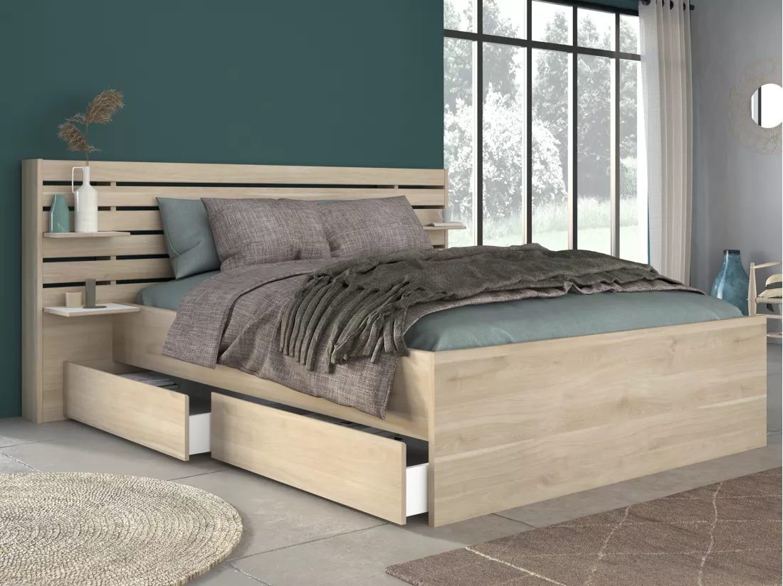 Lit 160 x 200 cm avec rangements - Coloris : Naturel + Sommier + Matelas - TENALIA II