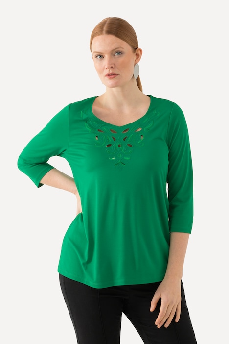 Shirt, Stickerei, Classic, Herzausschnitt, 3/4-Arm