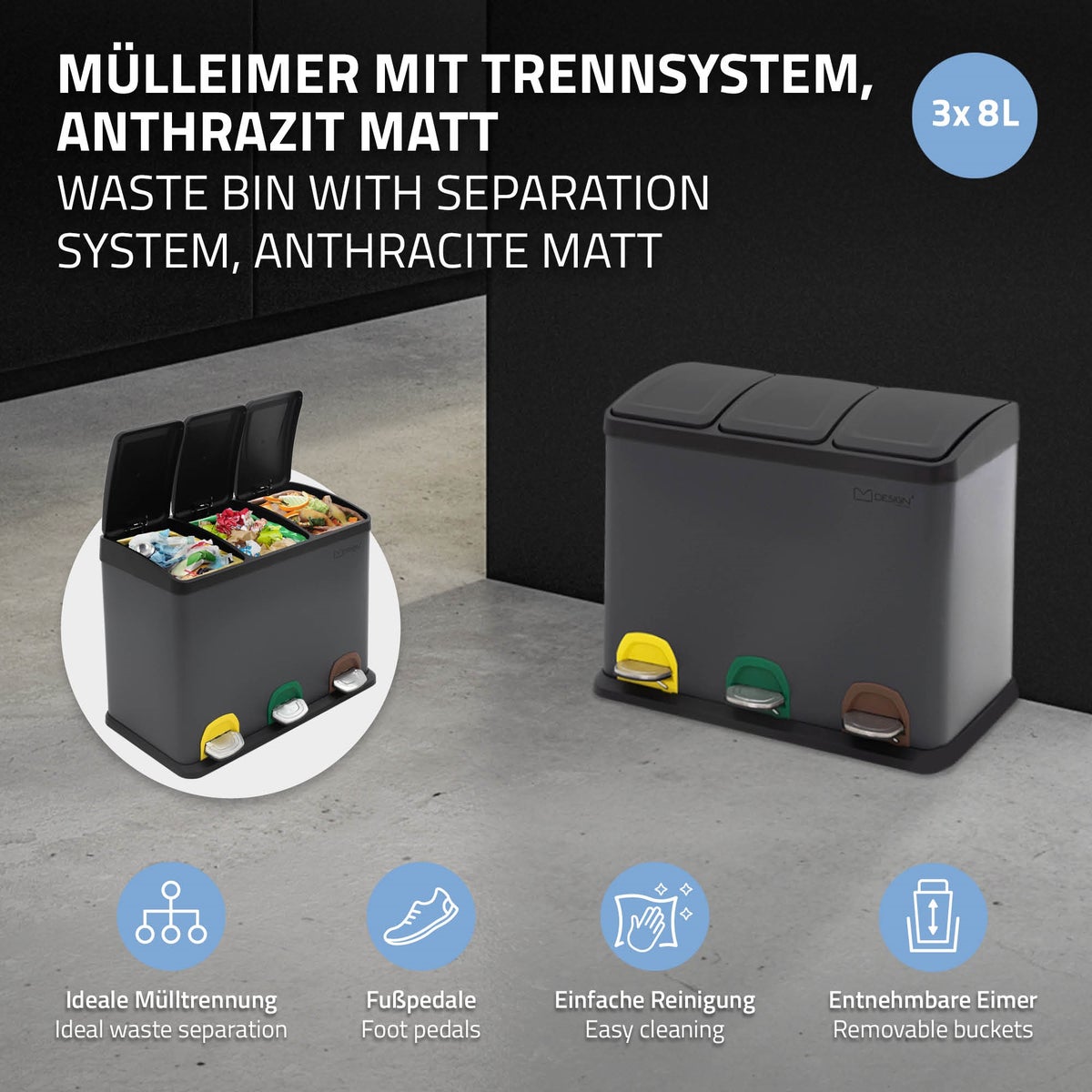 ML-Design Keuken Prullenbak 3x 8L (24L), Antraciet, 3-compartimenten afvalscheidingssysteem, Pedaalemmer voor afvalscheiding, Stalen bak met kunststof binnenemmer en scharnierend deksel, Kleurgecodeerd