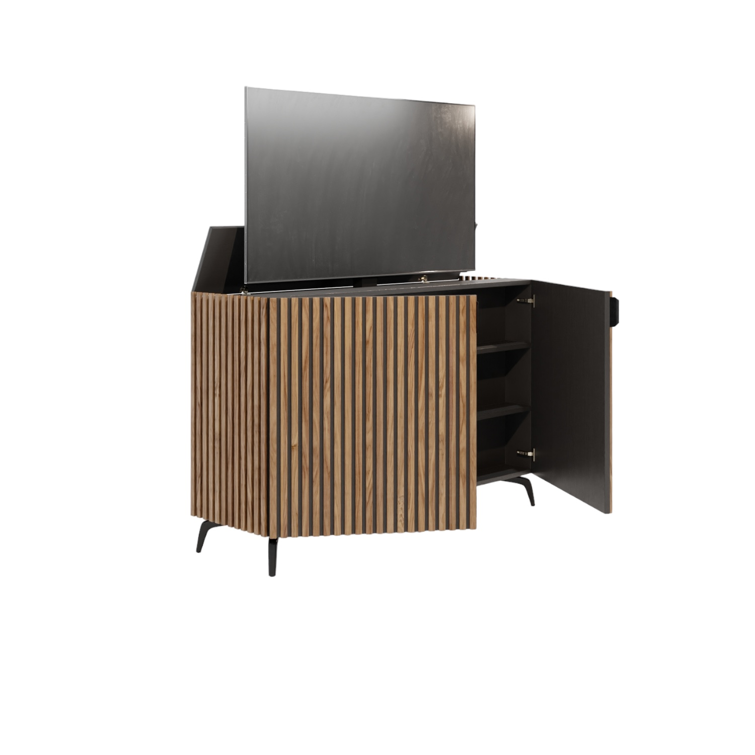TV lift meubel Modern Latjes 55 inch 2 deurs rondom afgewerkt met latjes