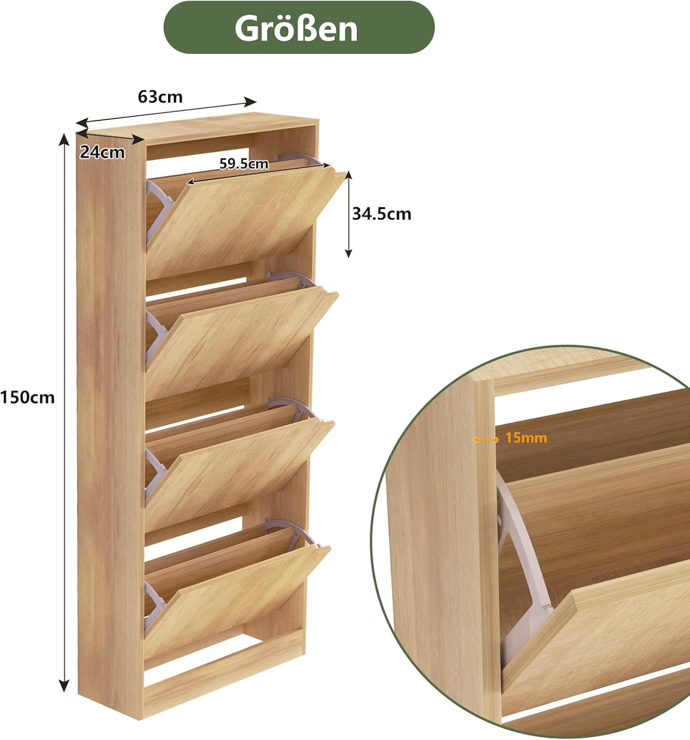 WAOHO Klappbare Schuhregale，Schuhschrank 4 Klappen ，Schuhaufbewahrung，Schuhregal，Schuhkipper, Schuhschränke，Kippsicherung,schuhkipper schmal 150×63×24cm