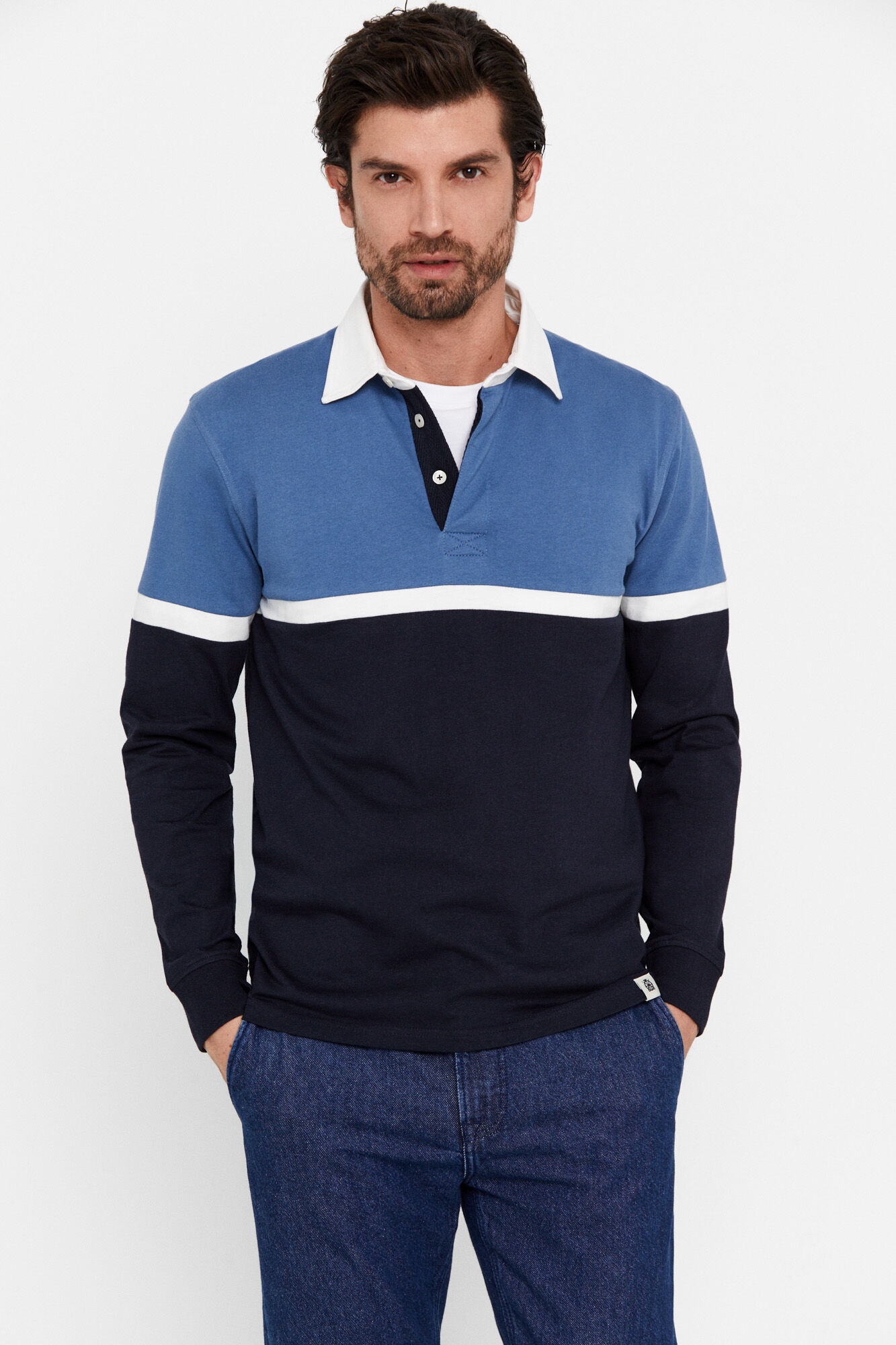 Polo de rugby com tecido contrastante - Azul marinho
