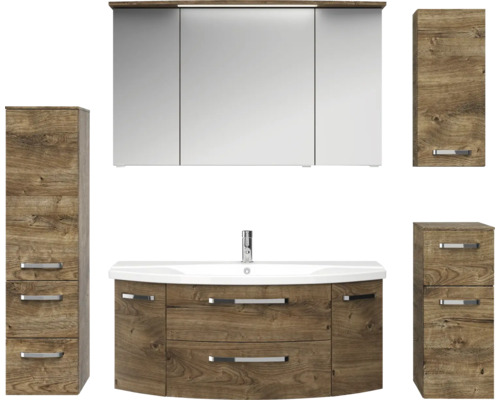 Pelipal Serie 4010 badkamermeubelset, afmetingen (B x H x D): 180,5 x 200 x 48 cm, fronten in eikenlook. Ribbeck 5-delige badkamermeubelset en meer, inclusief keramische wastafel in wit, wastafelmeubel, spiegelkast met ledverlichting, onderkast en wa