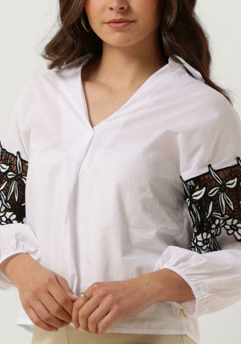 JANSEN AMSTERDAM witte jansen amsterdam blouse cv777 cotton voile blouse with black/white lace detail 3/4 sleeve