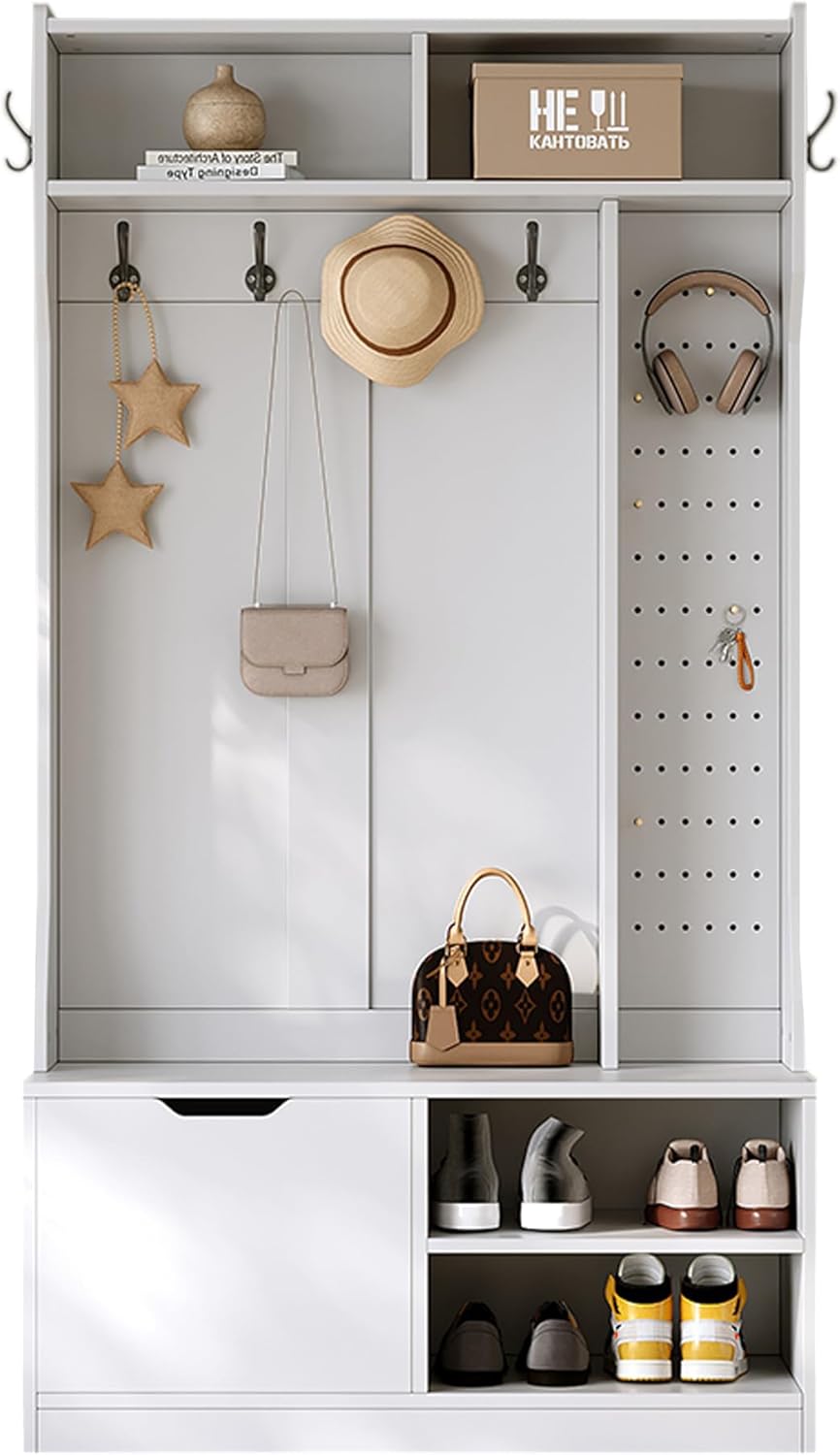 Merax Flurgarderobe Garderobenschrank Flur, Garderobe mit Sitzbank, 6 Haken, 1 Türen & 4 Offener Lagerraum, 100×185.5×40 cm, Weiß
