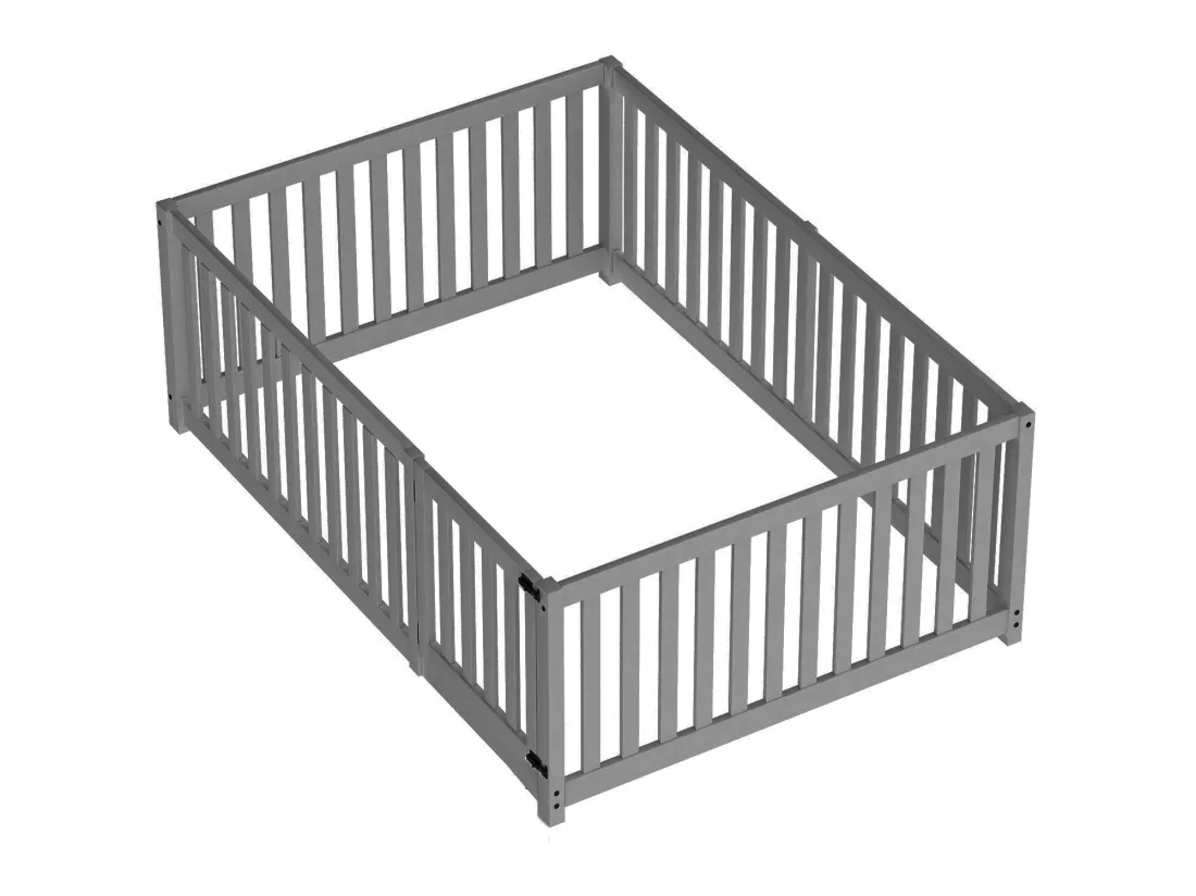 Lit bébé 140 x 200 cm sol en bois Cadre de lit avec clôture et porte, gris