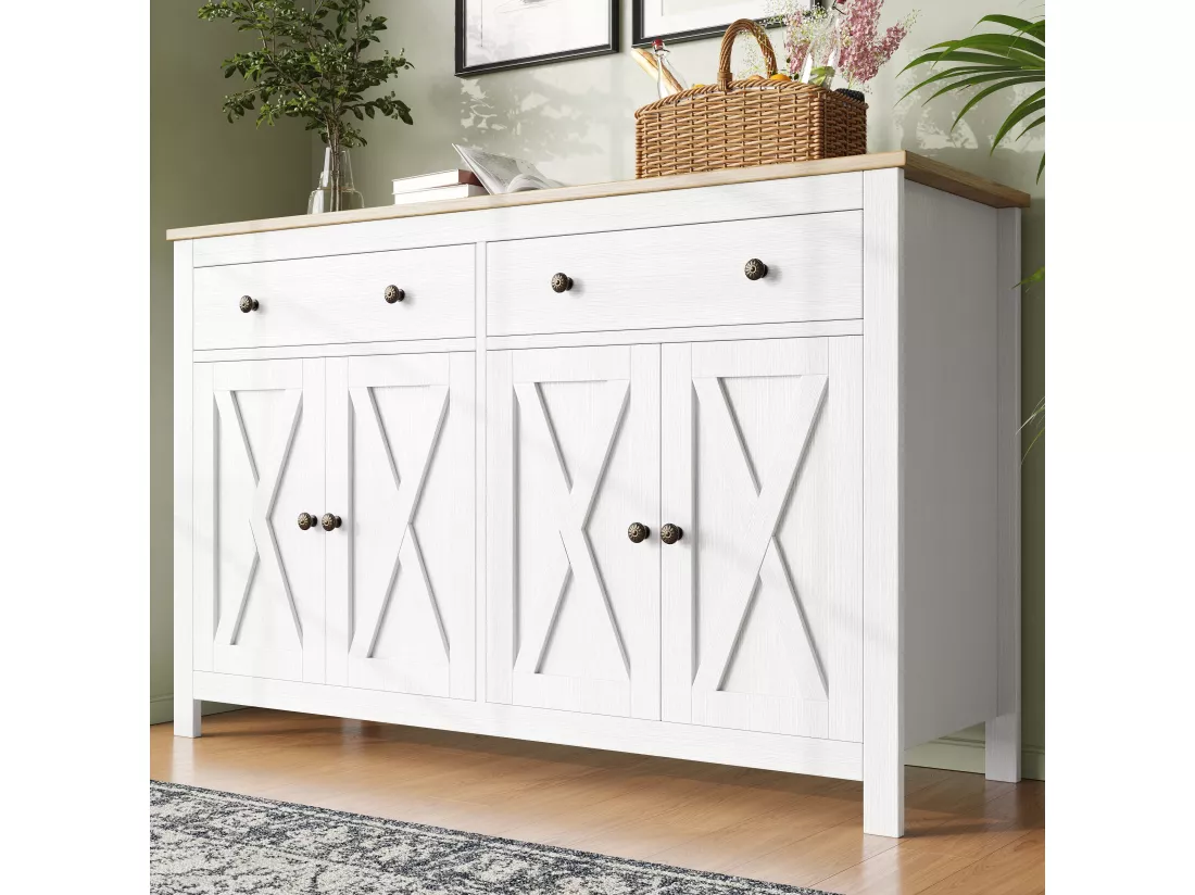 Buffet de cuisine avec 2 tiroirs et 4 portes - 140 x 40 x 89 cm - Bois MDF - Blanc + naturel