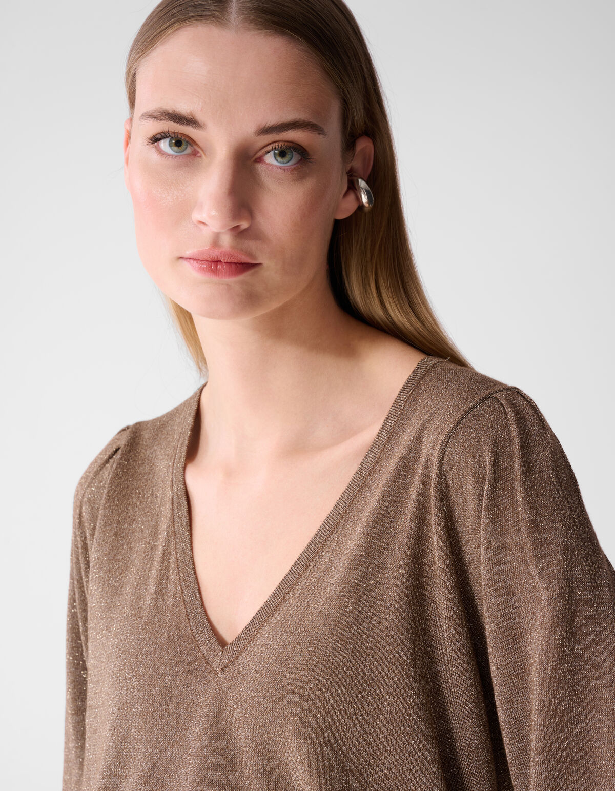 Glitter V-hals Gebreide Trui Taupe