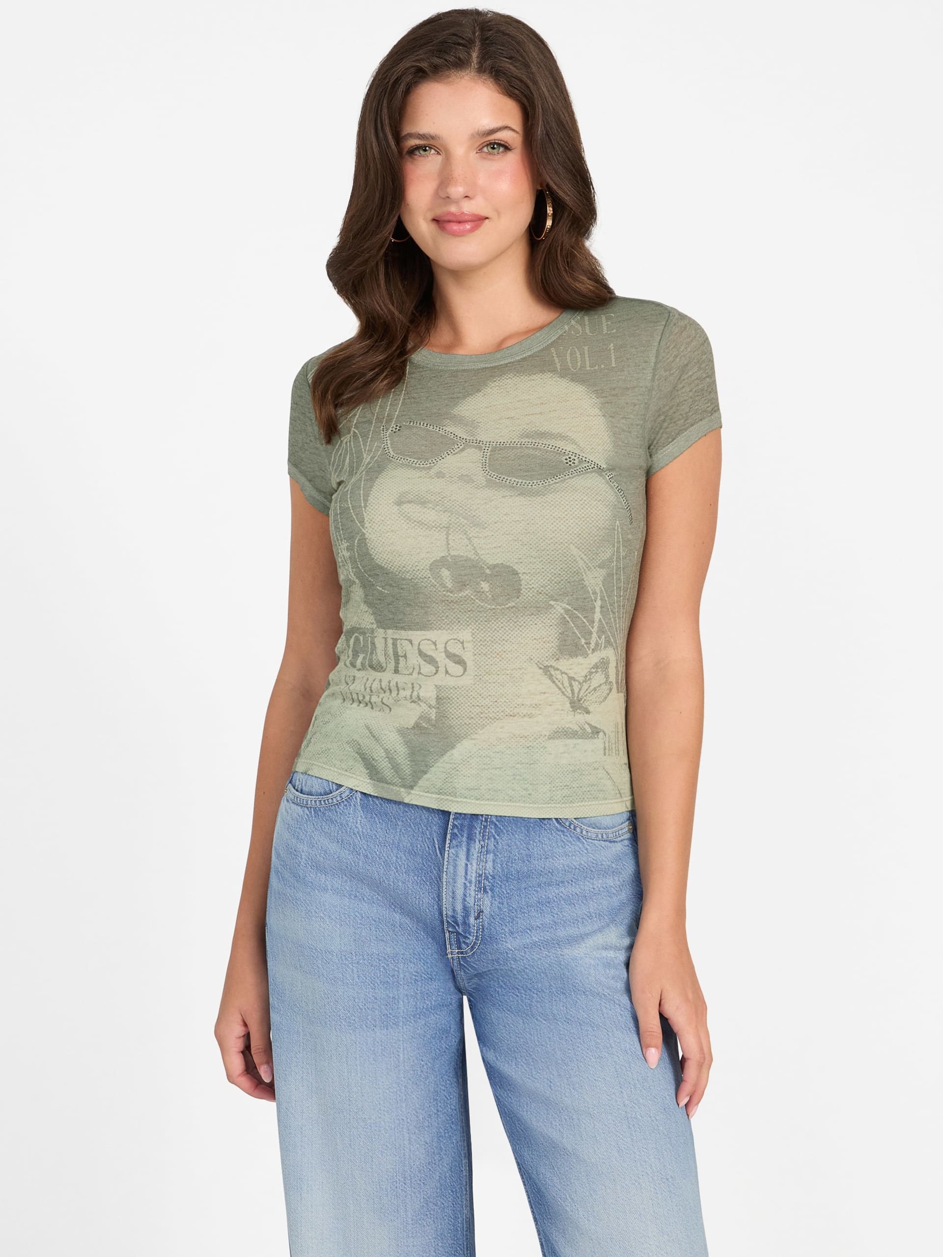 Camiseta de gola redonda estampada com efeito burnout