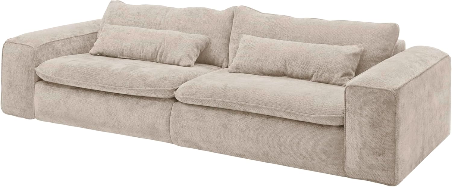 Big Sofa 300 cm breit, Modell Vince, Tiefe Sitzfläche, pflegeleichter Stoffbezug, Nosagfederung, Rücken echt bezogen, mittlere Sitzhärte, inkl. 2 Rückenkissen, 2 Nierenkissen, Taubengrau