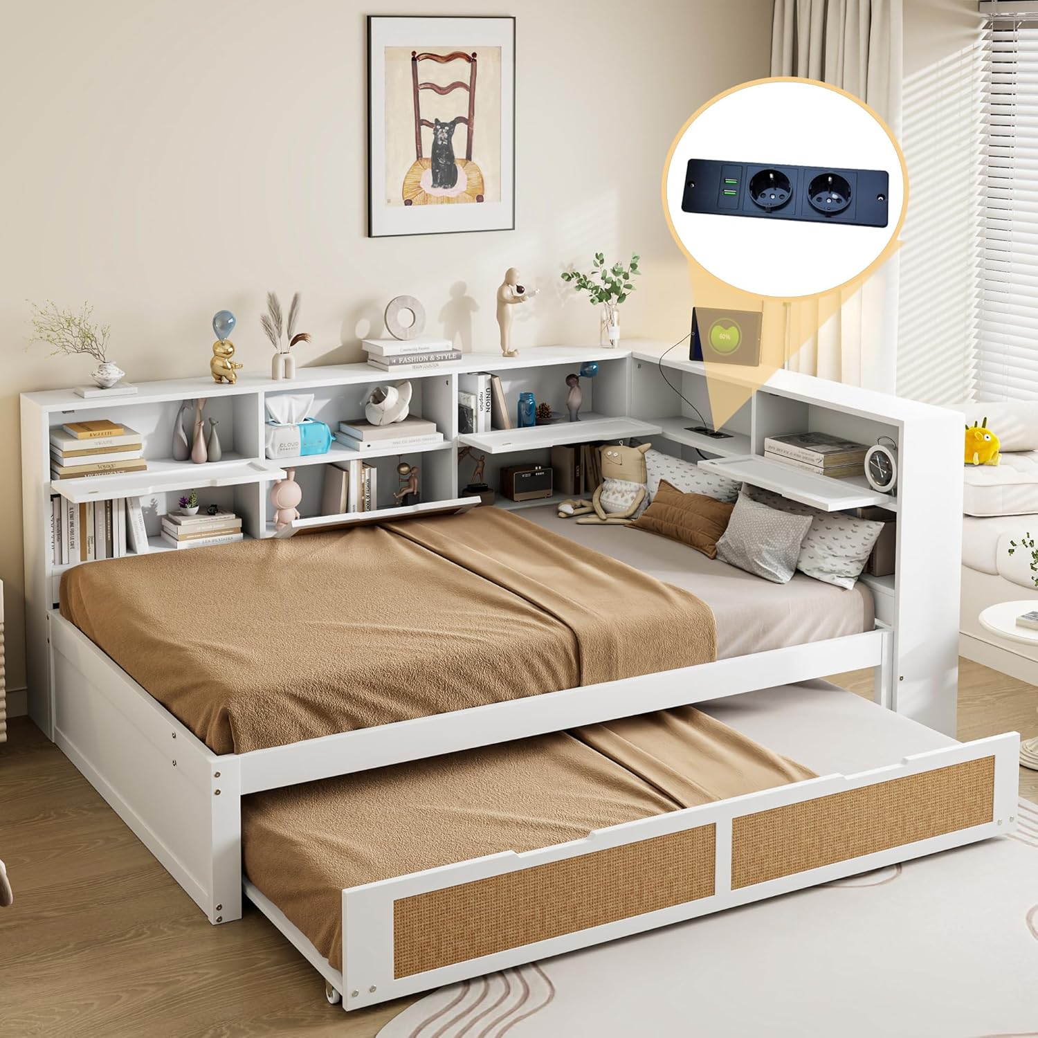 Tagesbett Schlafsofa 140x200, Holz Multifunktionsbett mit Ausziehbett 90x190 cm, USB-Steckdose und vielen Staufächern, Doppelbett Massivholzbett Kinderbett Daybett mit Lattenrost, Ohne Matratze, Weiß