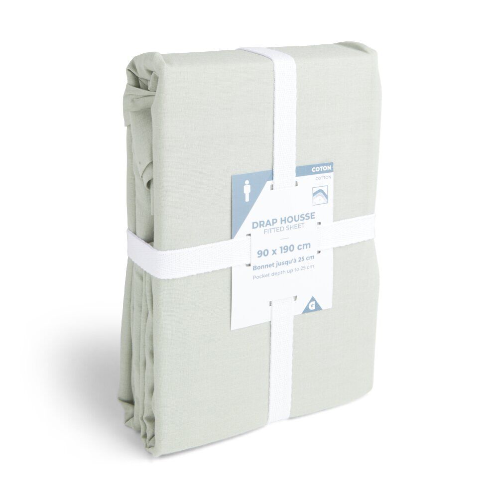 Drap housse 90x190cm 100% coton vert céladon