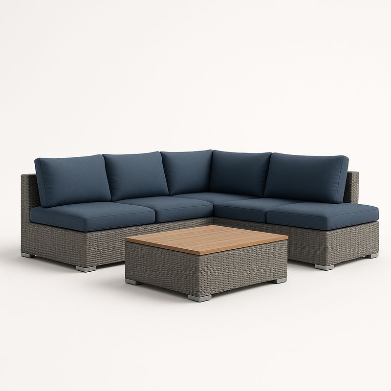 Ecksofa Set Blau Polyrattan mit Tisch