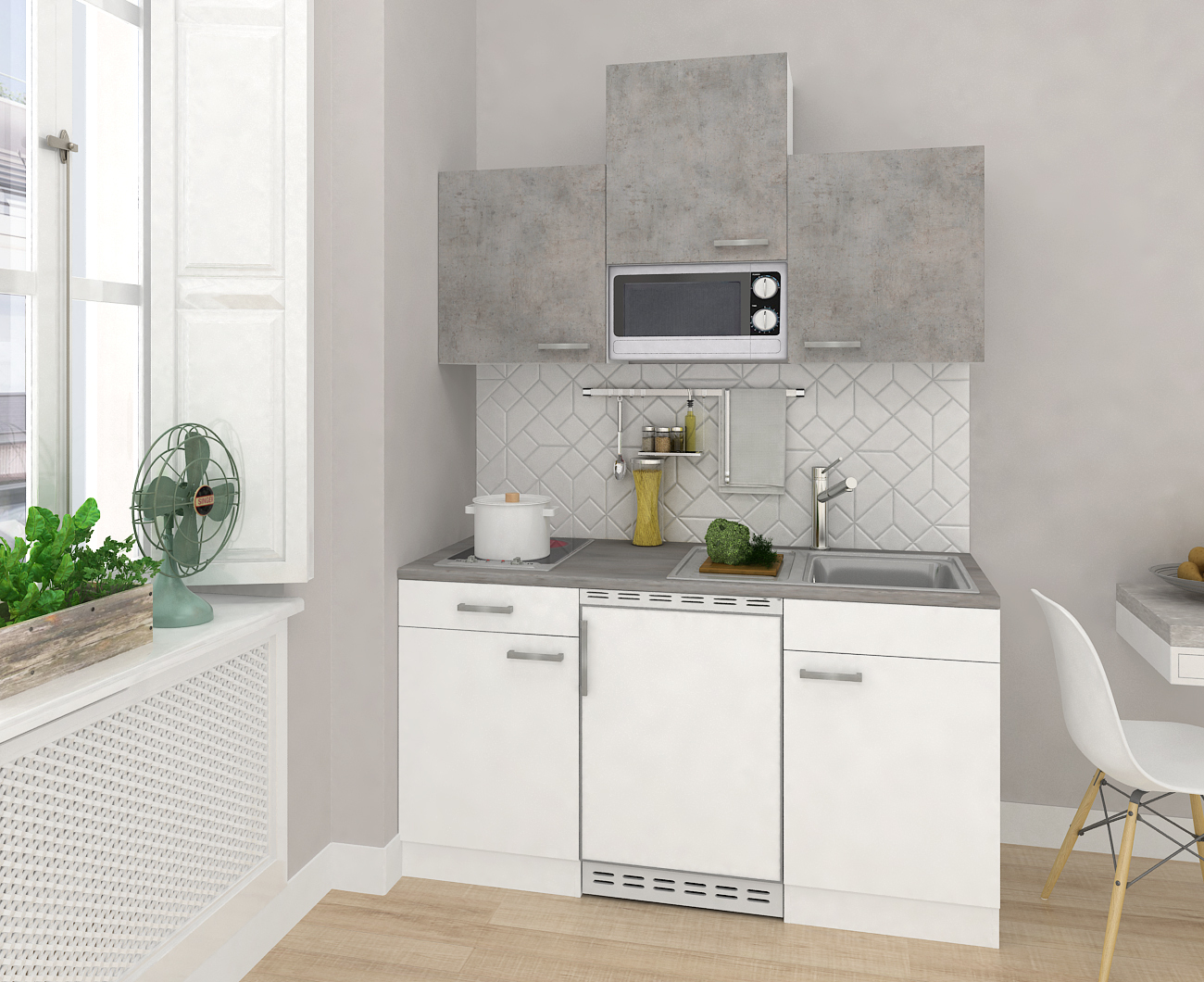 RESPEKTA Küchenzeile - weiß - Beton - mit E-Geräten - 150 cm