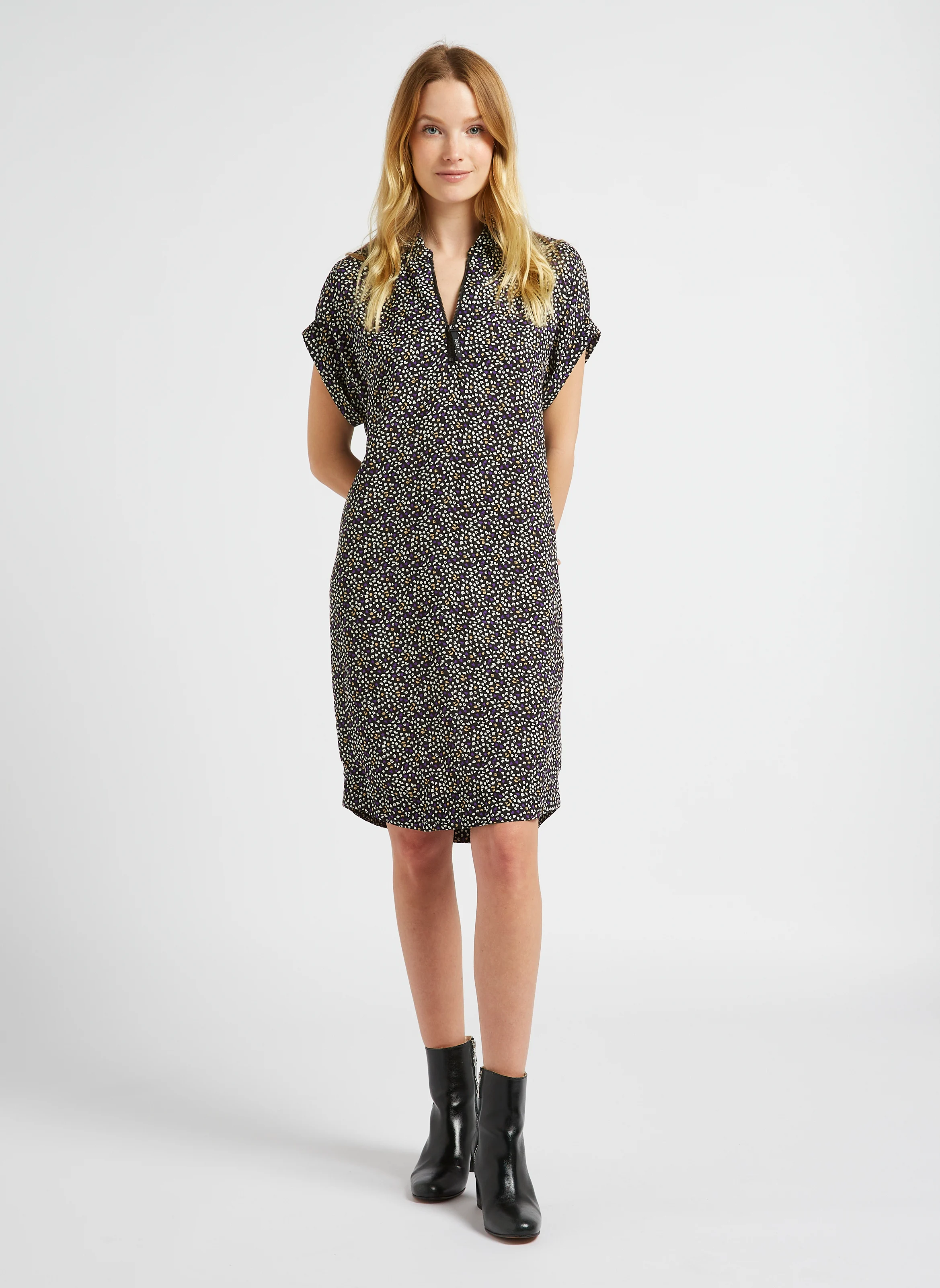 Robe courte ample col classique imprimée | Violet