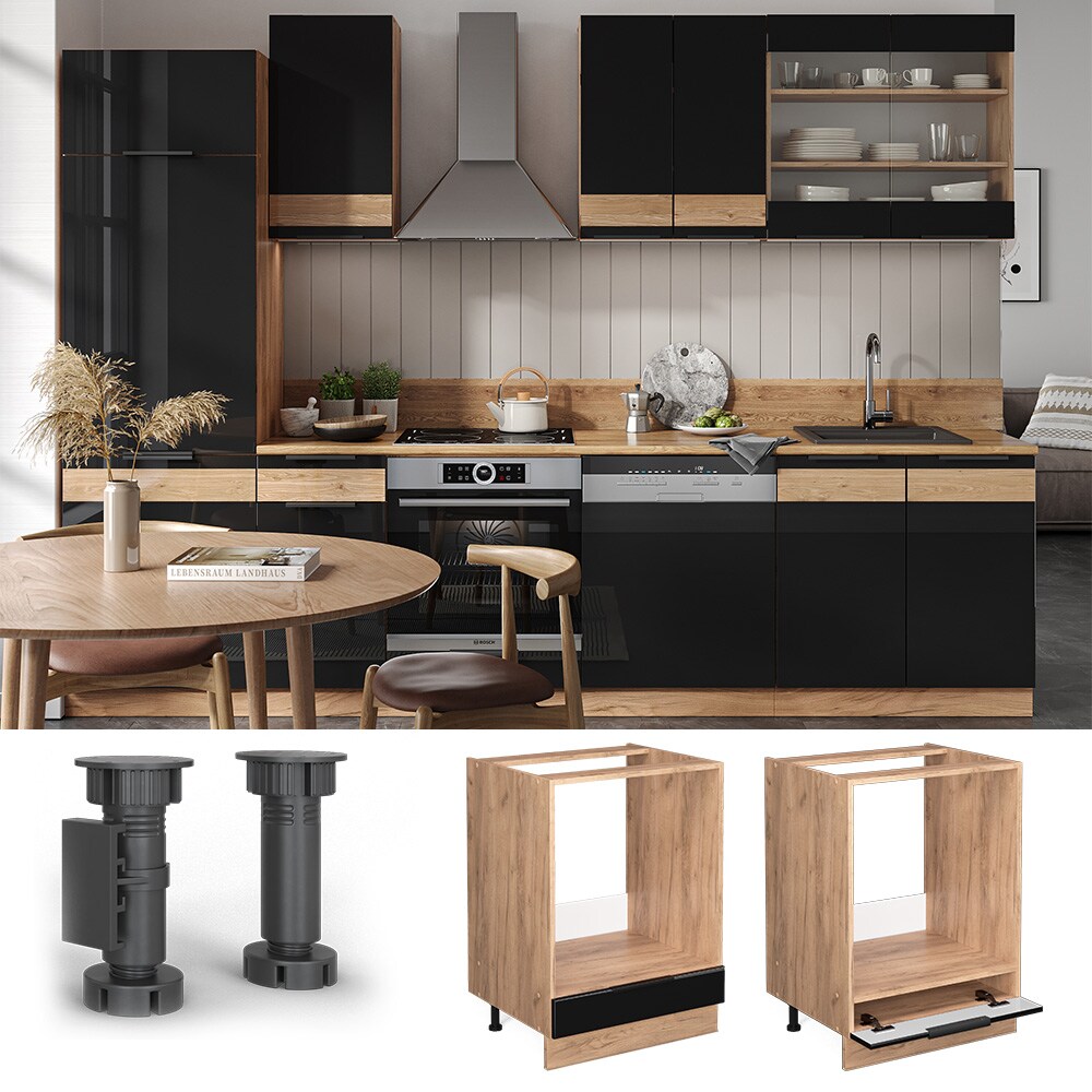 Vicco Herdschrank Küchenschrank Küchenmöbel Fame-Line Eiche Schwarz 60 cm modern Hochglanz