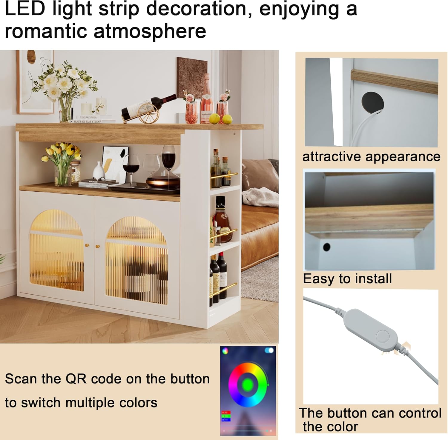 Moderner ausziehbarer Bartisch,Ausziehbarer Esstisch mit Stauraum, Stehtisch Bistrotisch, drehbar, für Esszimmer,Mit 1m langem LED (Weiß)