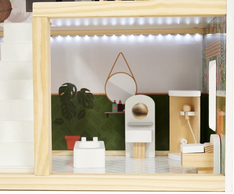 Houten Poppenhuis - Drie Verdiepingen - Met LED Verlichting - Inclusief Kamers