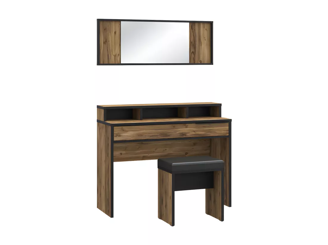 Coiffeuse décor bois d'épicéa avec miroir rangements et banc - CELIA