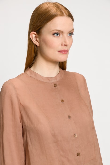 Bluse, Ramie, Plastron-Einsatz, Stehkragen, Langarm