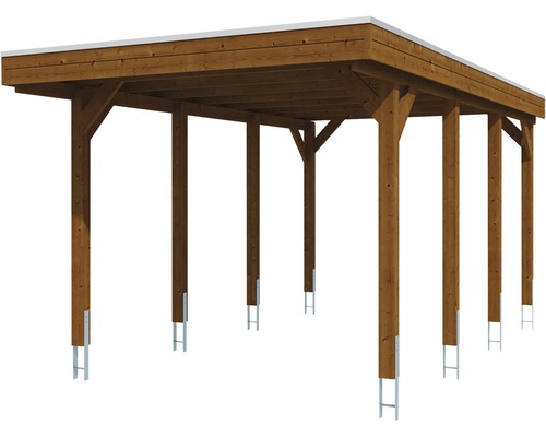 SKAN HOLZ Friesland enkele carport inclusief aluminium dakpanelen en H-paalankers, 314 x 555 cm, notenhout