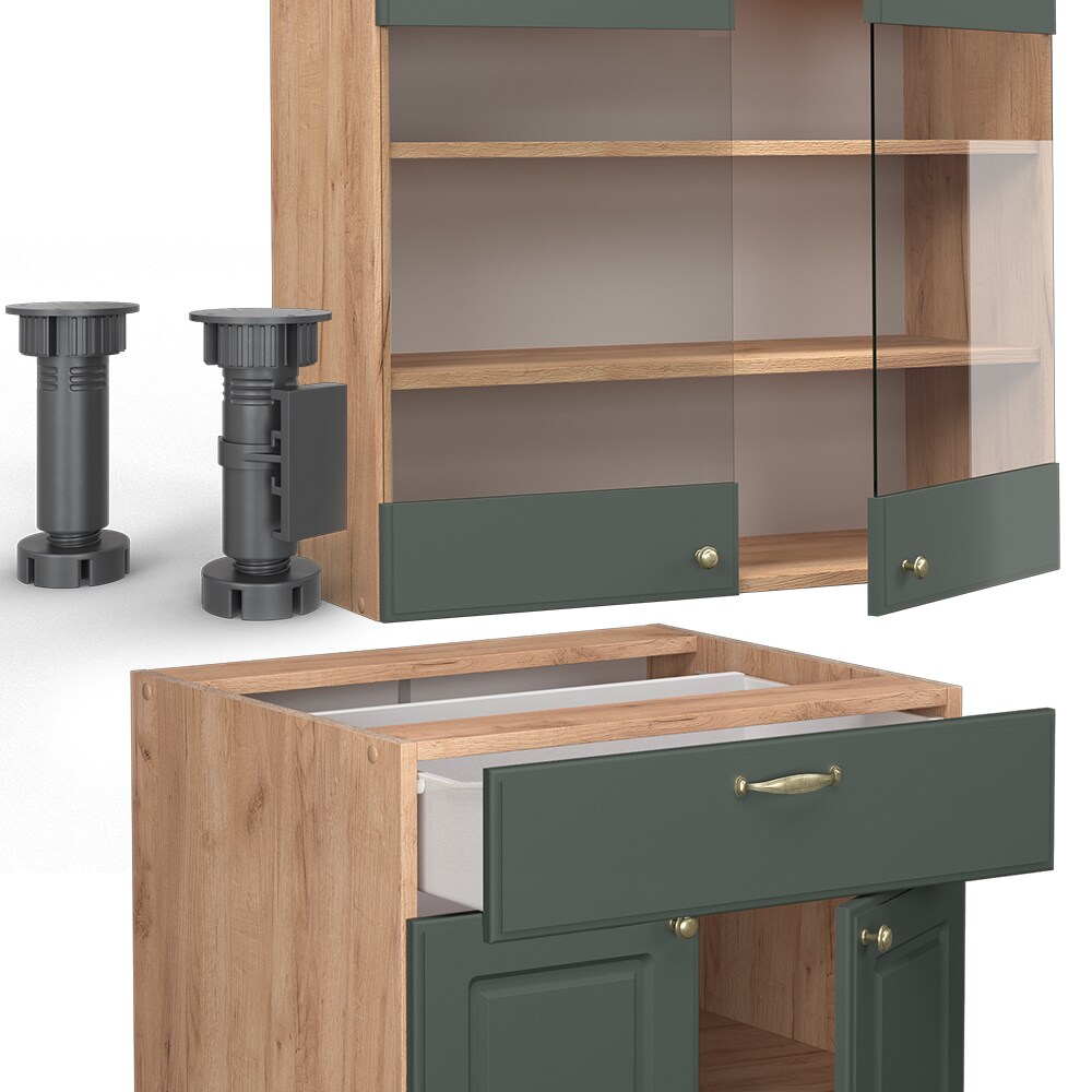 Vicco Küchenzeile Küchenblock Einbauküche Fame-Line Single Landhaus Eiche Grün Gold 140 cm modern Küchen Schränke Spülenunterschrank Schubunterschrank Hängeschrank Hängeglasschrank