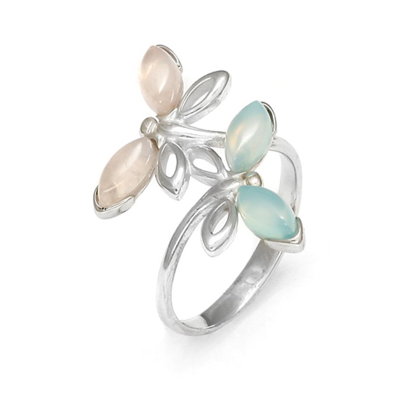 Bague papillon argent 925 quartz rose et agate aqua