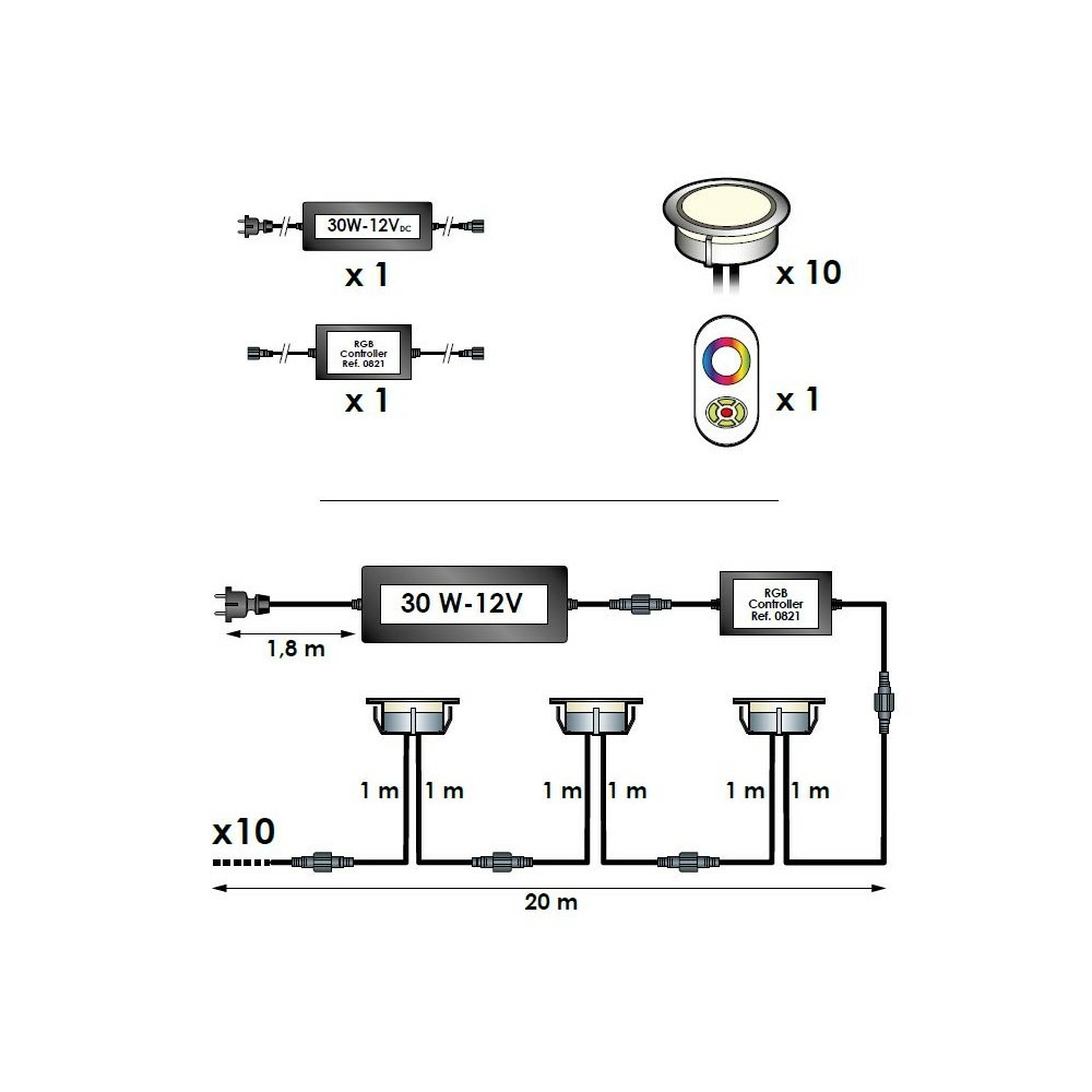 Spot led à encastrer - rgb - telecommande + transformateur 30w - alga ø80mm - ø perçage 61mm - plug & play - dimmable