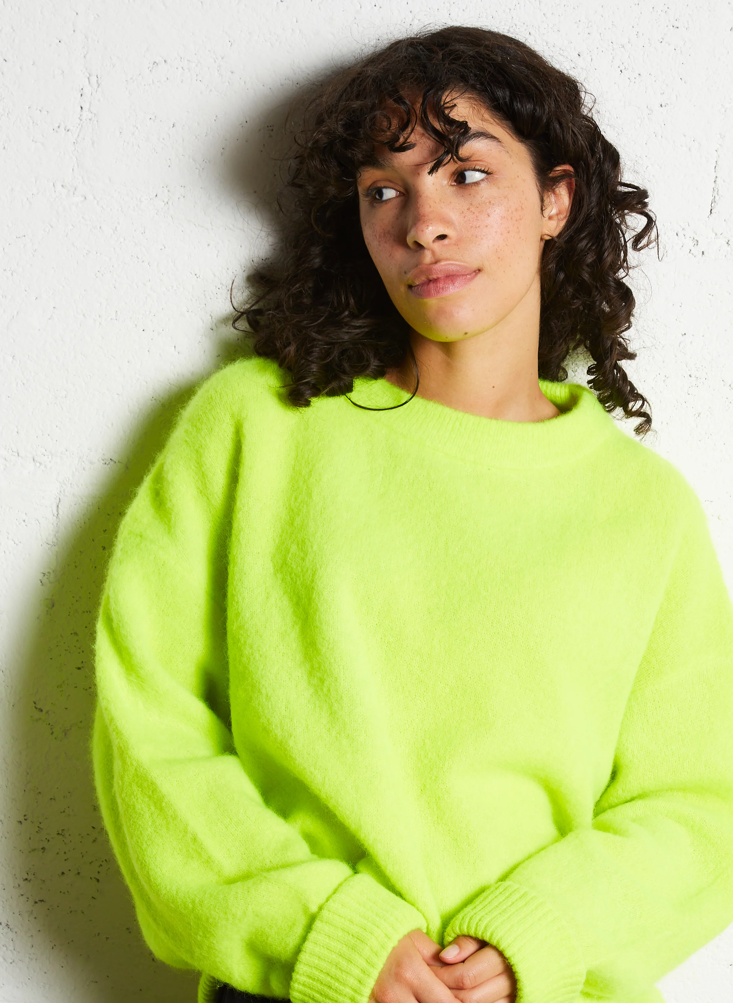 VITOW - Pull ample col rond en laine mélangée| Jaune