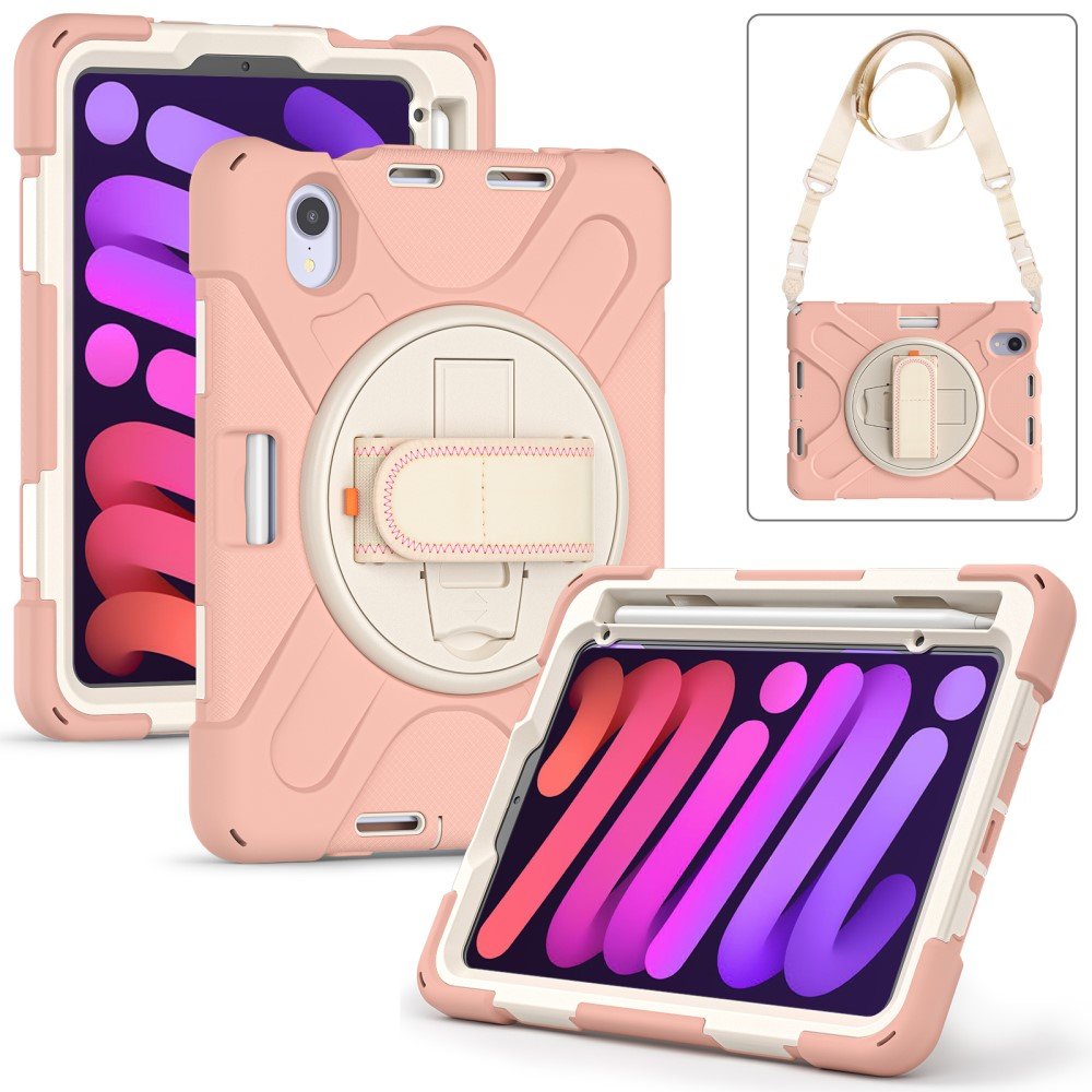 iPad Mini 7 (2024) / Mini 6 (2021) Hybrid Outdoor Silikon Case Hülle mit Aufsteller und Handschlaufe und Schultergurt - Rosa