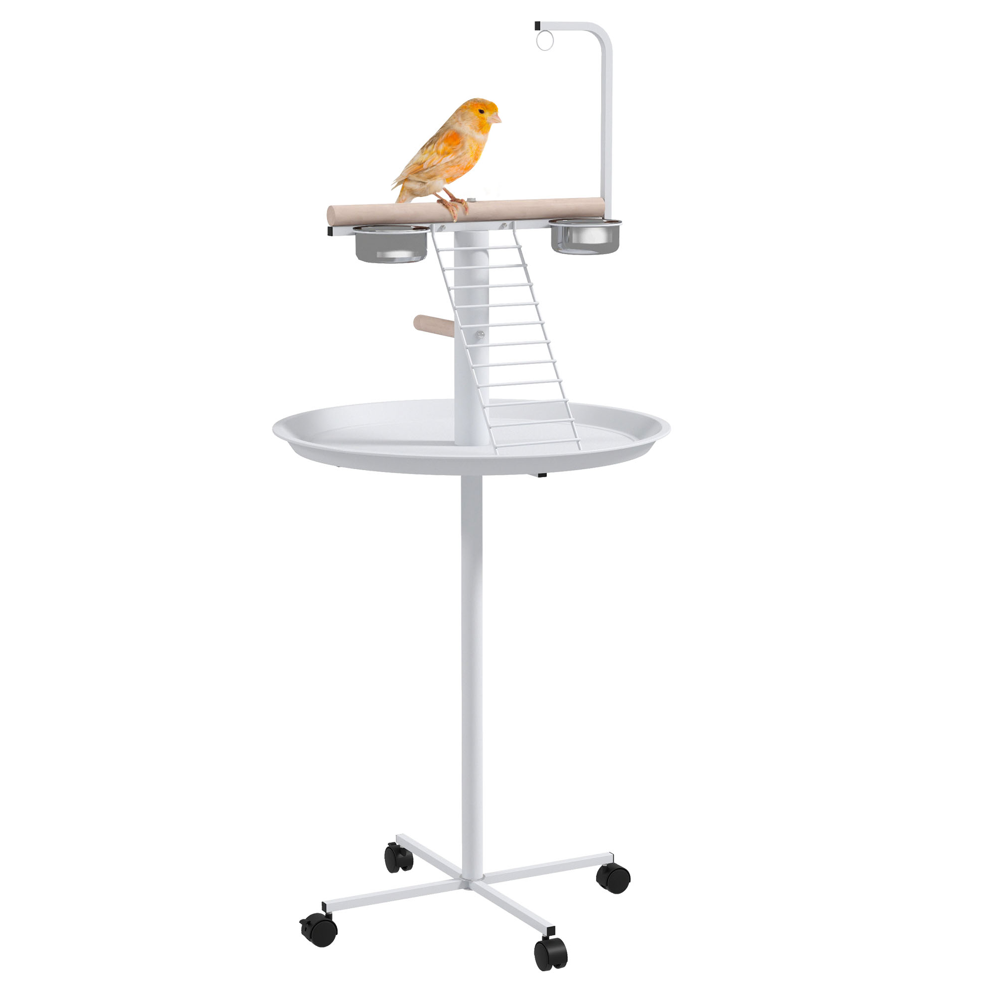 Alimentador de pássaros PawHut para exterior com rodas, Ø60x138 cm, com 2 tigelas de aço inoxidável e 2 poleiros, branco.