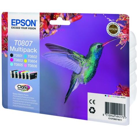 Epson T0807 Pack cartouche de 6 couleurs pour imprimante jet d'encre