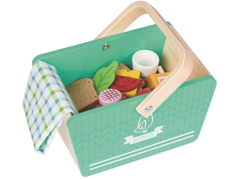 Spielba Holzspielwaren Spiel-Lebensmittel Picknick-Korb aus Hölzernes Picknickkorb-Set mit 25 Zubehörteilen