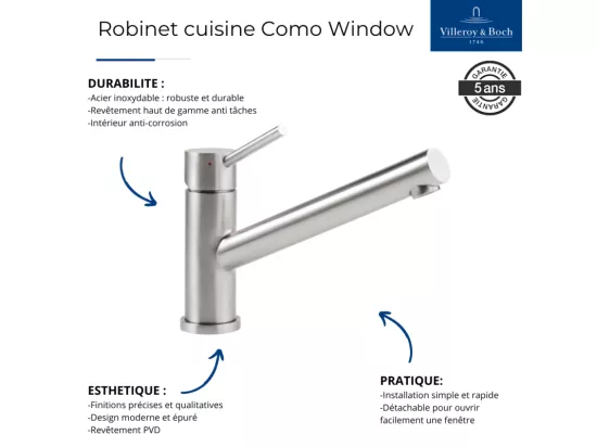 Robinet cuisine rabattable VILLEROY ET BOCH Como window acier massif